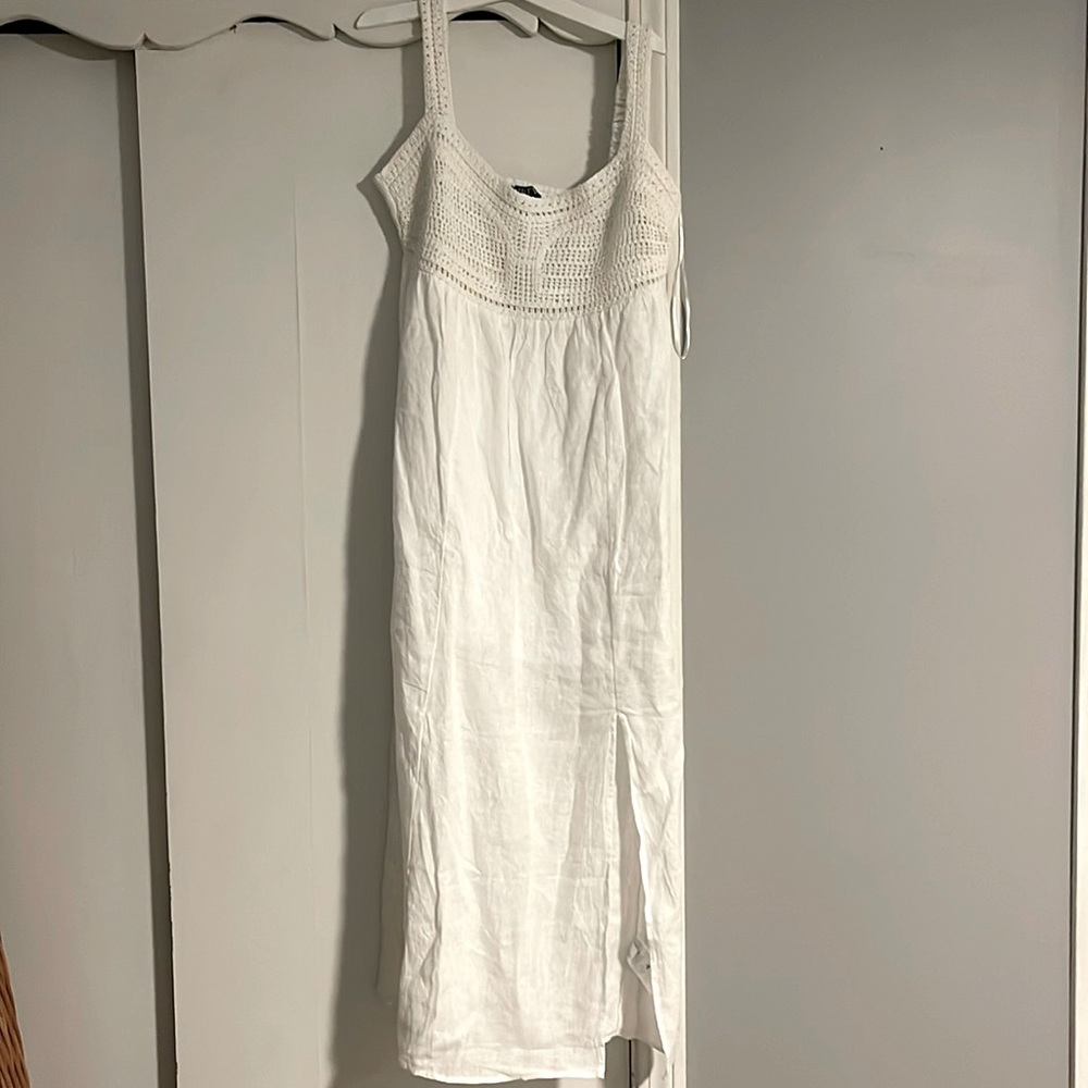 NWT J. Crew white linen midi dress with crochet top - Picture 2 of 6
